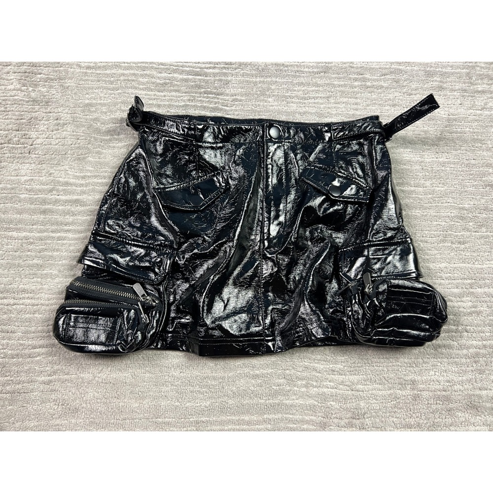 Ci Sono Cargo‎ Mini Skirt Womens XS Black Patent Faux Leather Buckle Utility